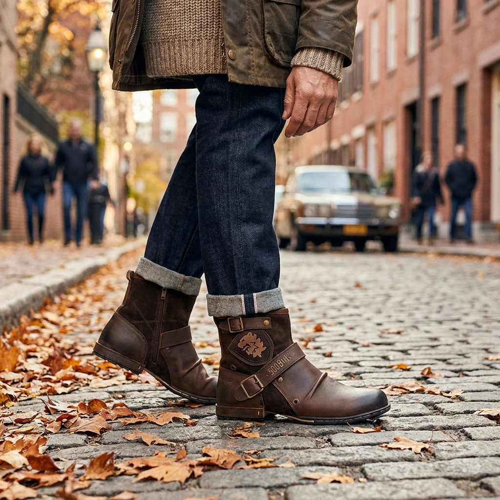 Leather boots worn, lifestyle