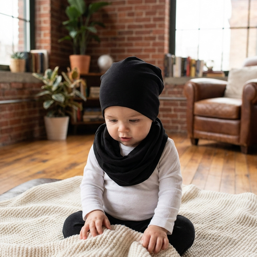 Baby hat scarf worn, lifestyle