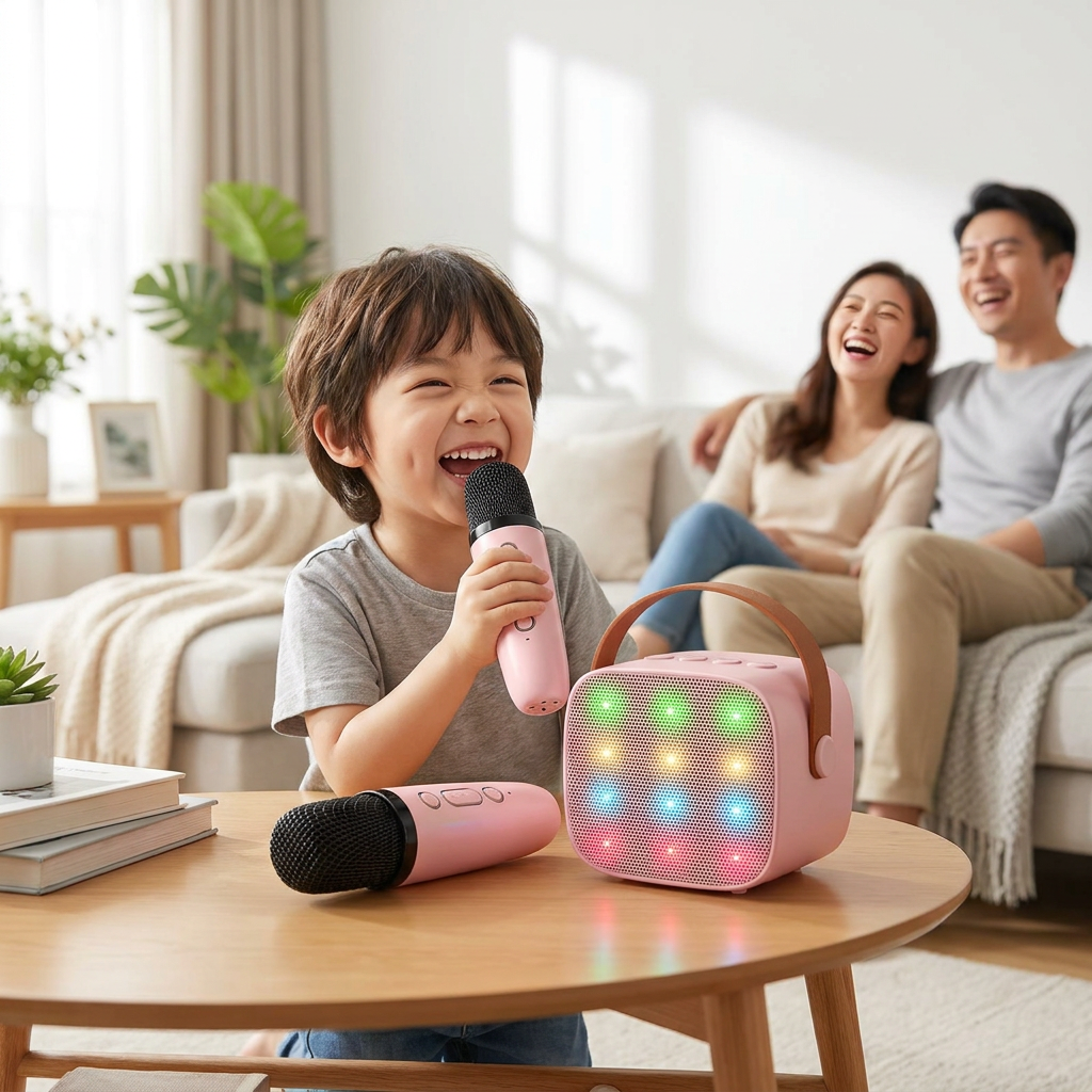 Kids karaoke speaker in use, lifestyle