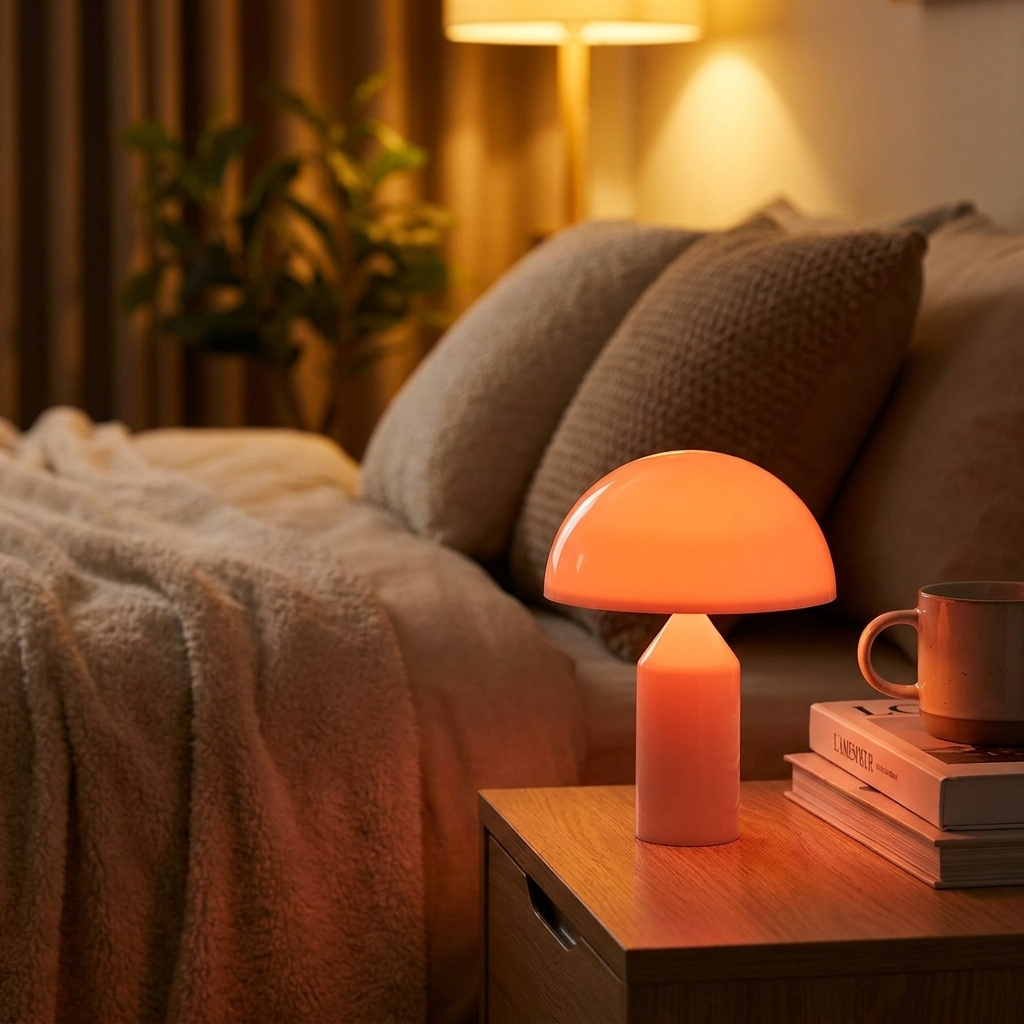 Mushroom night lamp glowing, lifestyle