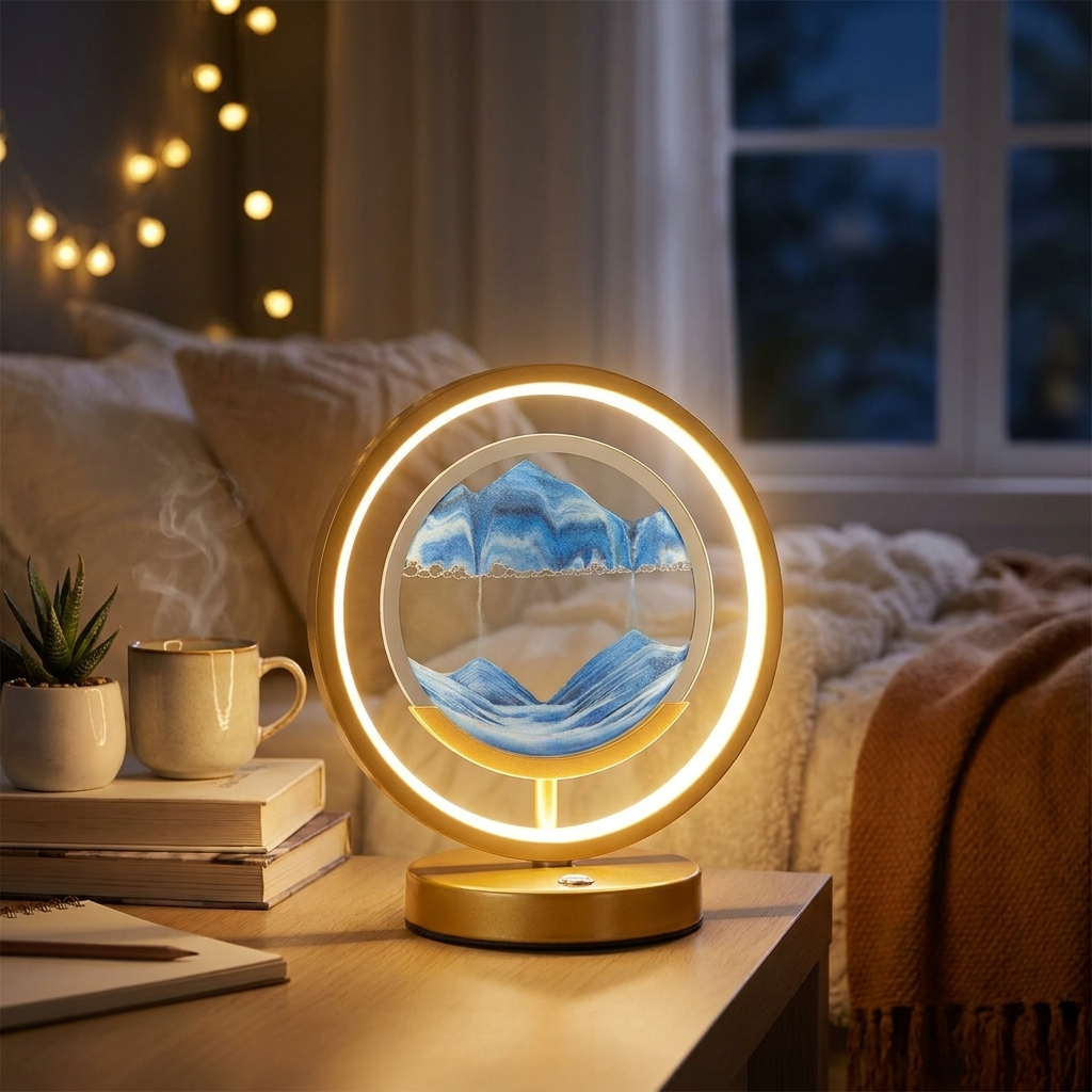 LED desk lamp glowing, lifestyle