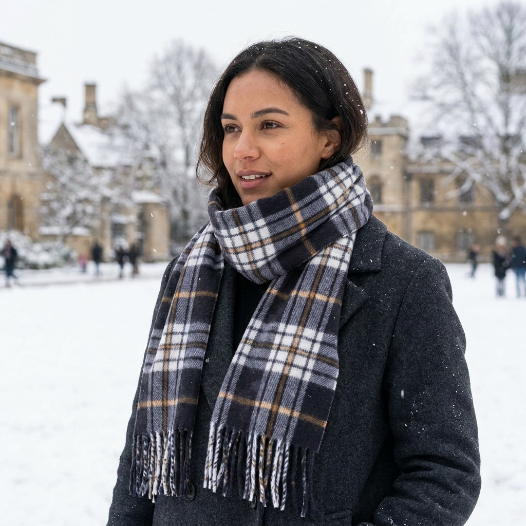 Plaid scarf worn, lifestyle