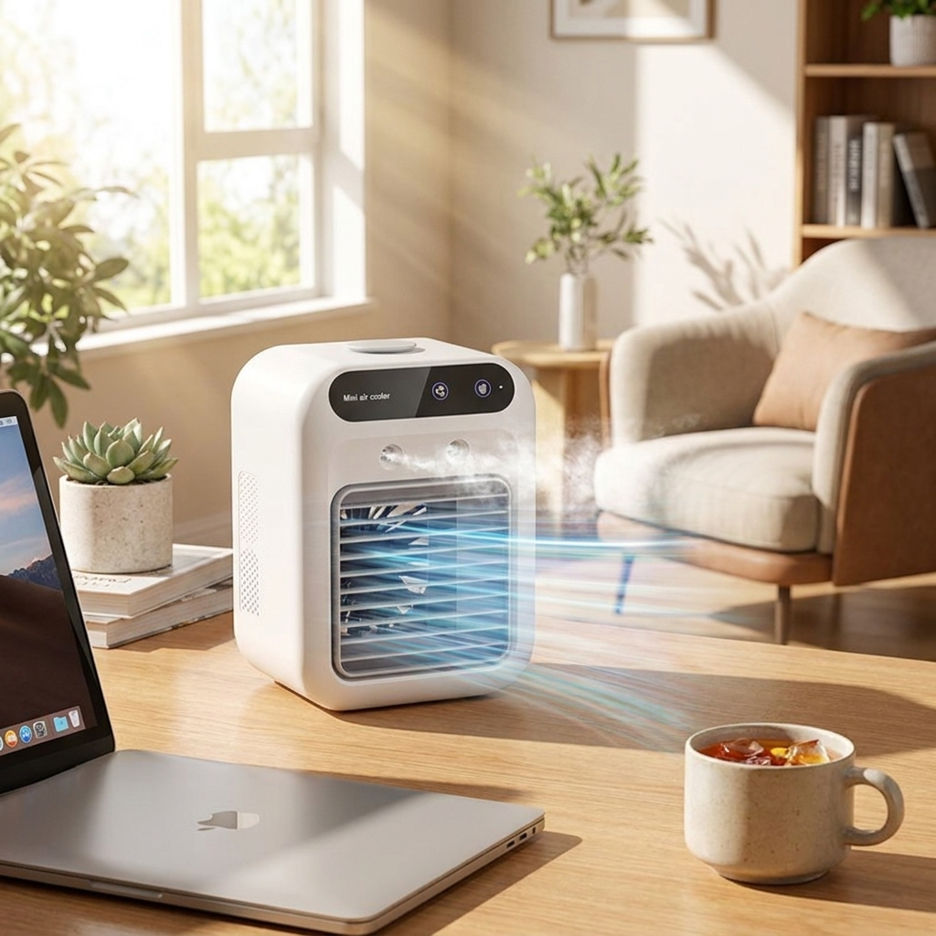 Air cooler fan on desk, lifestyle