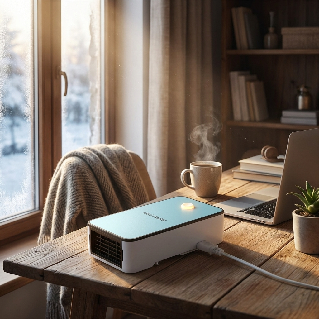 Mini heater on desk, lifestyle