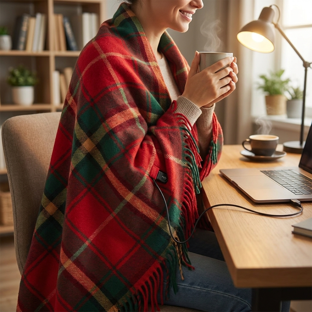 Heated shawl worn, lifestyle